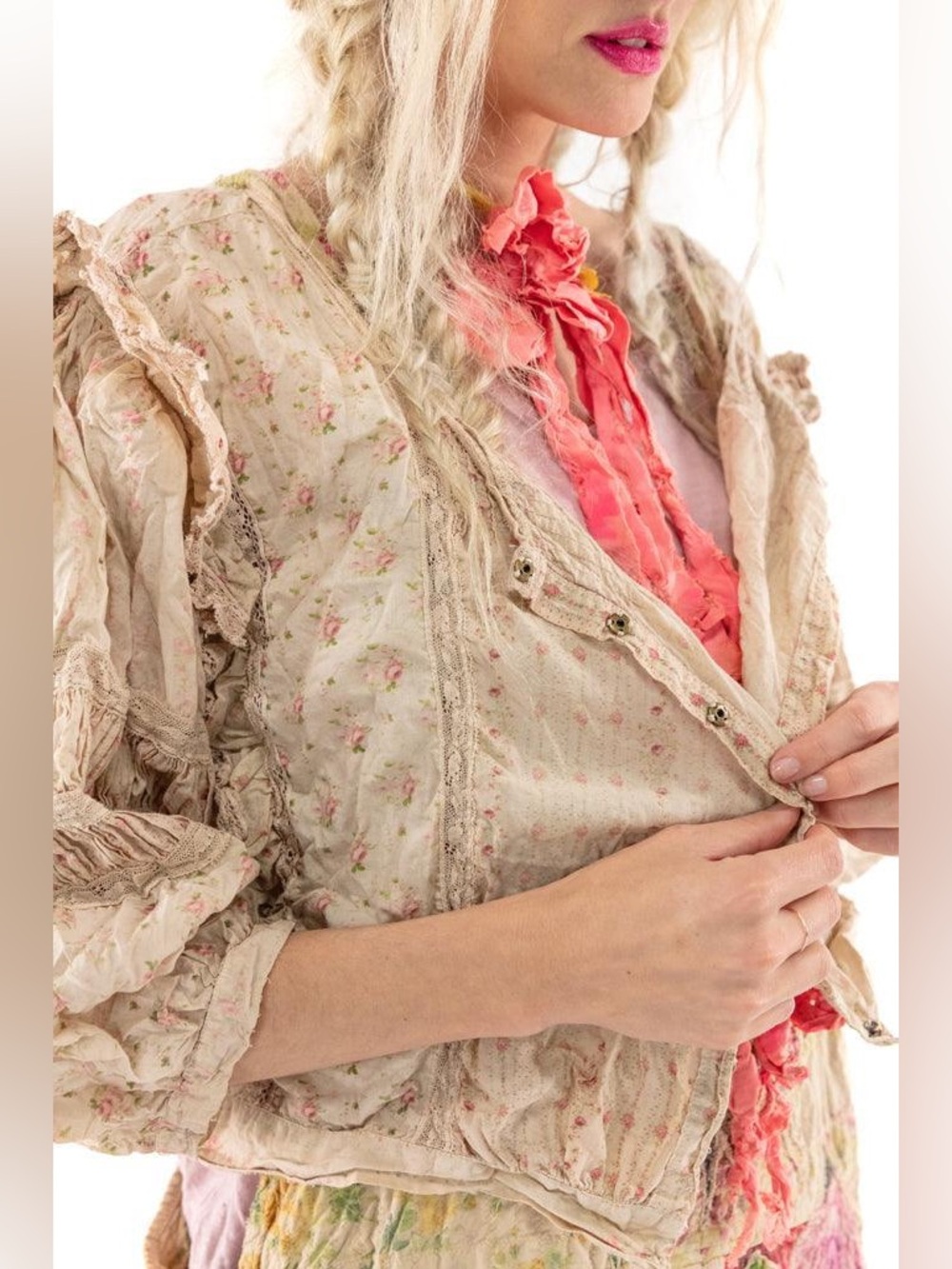 Magnolia Pearl Floral Harmonee Blouse 1338 Ronin OS Lace Pink Crop Top